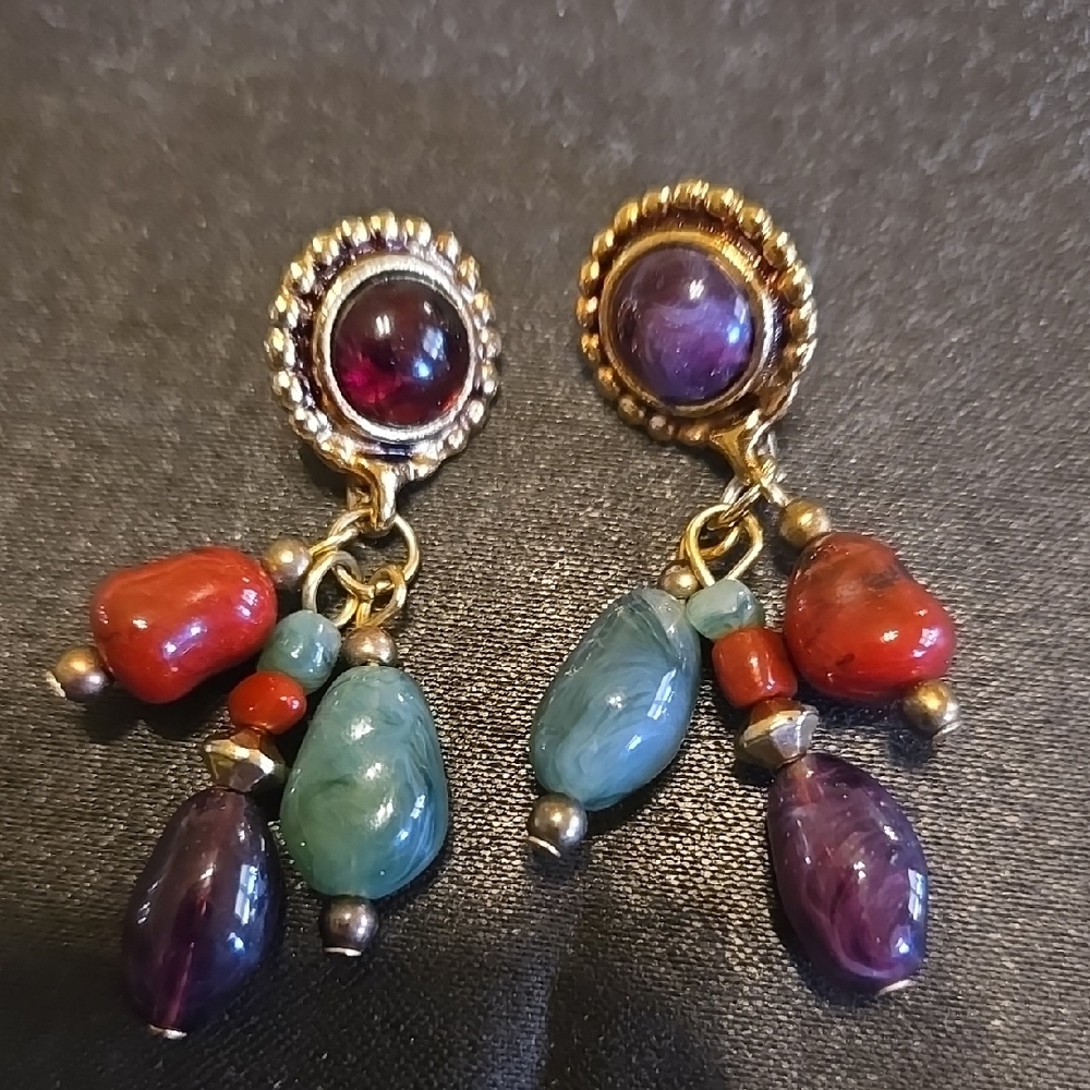 Dangle Earrings with Red,Purple, And Teal Gemstone Like Beads